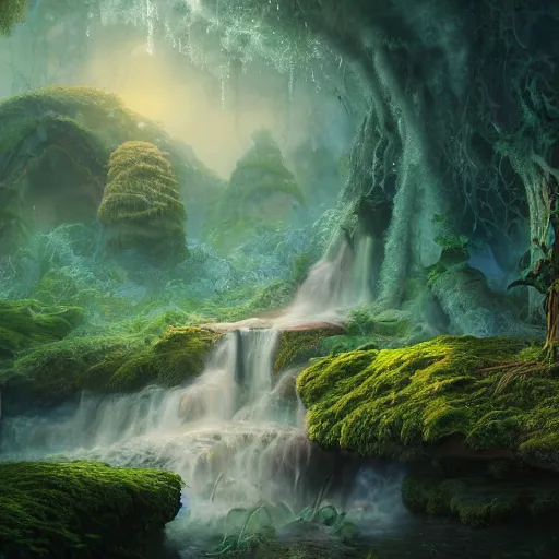 Image similar to tom bagshaw, mythical cosmic shrine, soft painting render curiosities carnival pond river vegetation rocks bugs wildlife mushrooms covered moss bioluminescent wisps, beautiful amazon full armor stunning waterfall, accurate features, focus, very intricate ultrafine details, random volumetric lighting, fog, award winning masterpiece, octane render 8 k hd, artstation