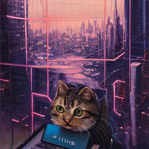 Prompt: a painting of a cat wearing oculus rift with a city in the background, cyberpunk art by hikari shimoda, trending on artstation, panfuturism, dystopian art, circuitry, sci - fi