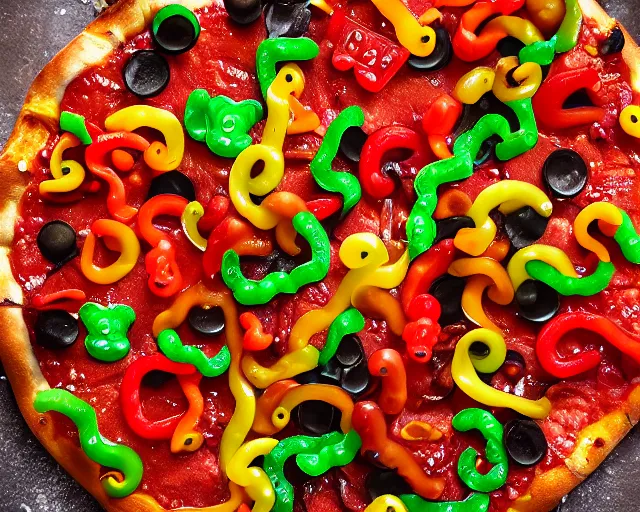 Image similar to pizza with gummy bears and gummy snakes and other candues as toppings, professional food photography, tasty