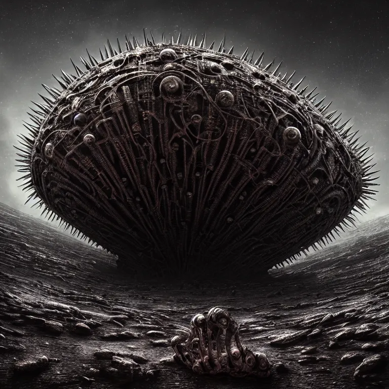 Image similar to ribbed surreal abandoned alien spaceship on exoplanet, covered in with spikes, in a desolate empty wasteland, creepy, nightmare, dream-like heavy atmosphere, surreal abandoned buildings, beautiful detailed intricate insanely detailed octane render trending on Artstation, 8K artistic photography, photorealistic, chiaroscuro, Raphael, Caravaggio, Beksinski, Giger