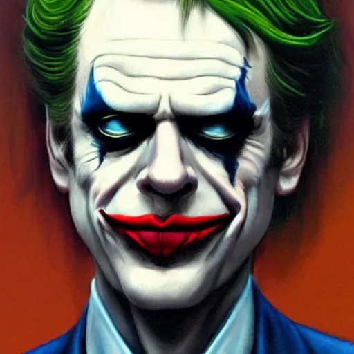 Image similar to Steve Buscemi as the Joker, in the style of Boris Vallejo, intricate, highly detailed, concept art, smooth, sharp focus