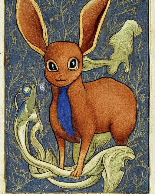 Image similar to a manuscript painting of Eevee in the style of the Rochester Bestiary, Ashmole Bestiary