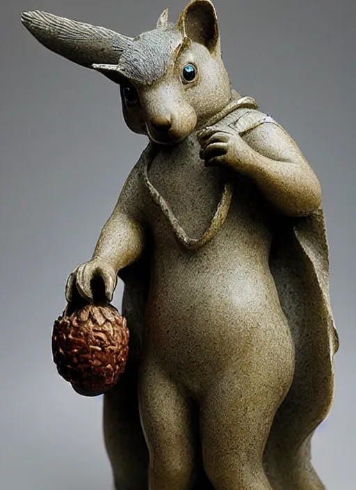 Image similar to A marble statue of a squirrel holding an acorn in the style of Statue of Liberty. museum photo