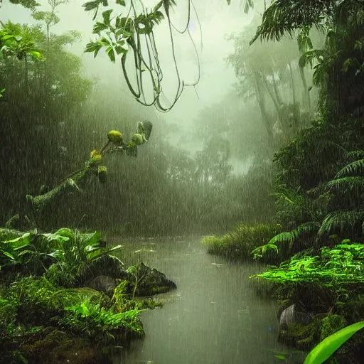 Prompt: a rainy foggy jungle, river with low hanging plants, there is a giant octopus climbing up a tree, great photography, ambient light