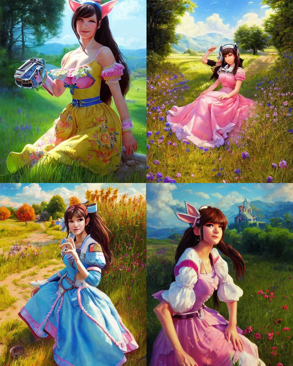 Prompt: portrait, d. va from overwatch wearing a beautiful summer dress in the countryside, by greg staples and jeff easley, beautiful scene, hyperrealistic, intricate, summer day, sunlight, cheerful, soft lighting, detailed