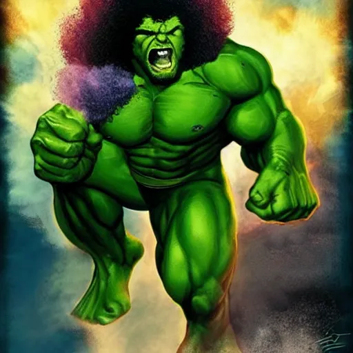 Image similar to photomanipulation of BOB ROSS as hulk, marvel, he is drawing a canvas