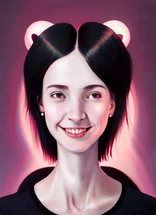 Image similar to portrait of high school girl, realistic, black hair, bangs, half updo hairstyle, pointy nose, skinny, smile, ugly, defined jawline, big chin, pink hair bow, earrings, intricate, elegant, glowing lights, highly detailed, digital painting, artstation, sharp focus, illustration, art by wlop, mars ravelo and greg rutkowski