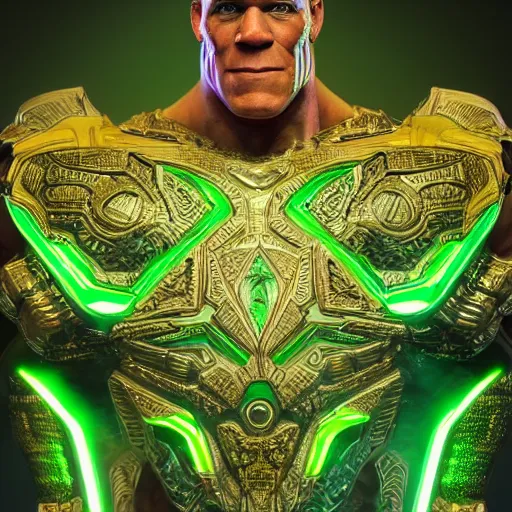 Prompt: John Cena as a superhero, full face, insipiring, detailed intricate ornate , luxurious detail, sci-fi, neon, emeralds, detailed technology full background, highly detailed, artstation, Rene Lalique and Eddie Mendoza