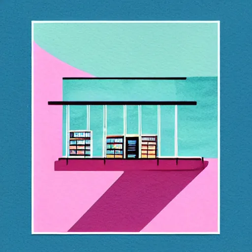 Image similar to art deco vaporwave watercolor illustration of a bookstore, in pastel and bright colors