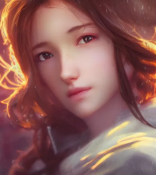 Image similar to beautiful aerith gainsborough, face centered portrait, cottagecore, confident, fog, rain, volumetric lighting, soft light particles floating near her, rim light, beautiful, golden hour, sharp focus, ultra detailed, cgsociety by krenz cushart and wenjun lin