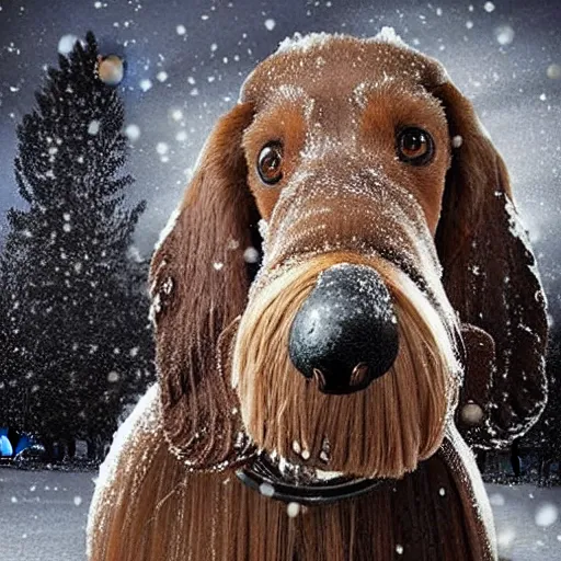 Prompt: Giant woolly dachshund with mammoth tusks, in the middle of a snow storm