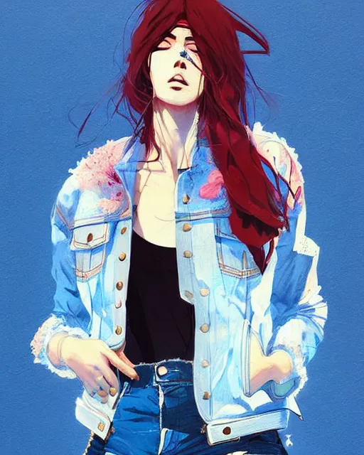 Image similar to a ultradetailed beautiful painting of a stylish woman in a denim jacket and shorts, by conrad roset, greg rutkowski and makoto shinkai trending on artstation