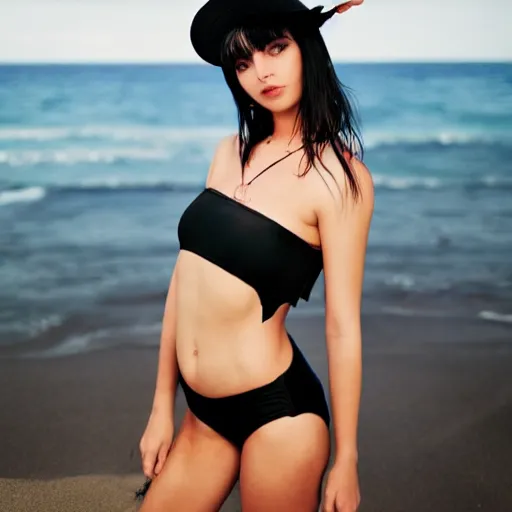 Prompt: photorealistic instagram high detail photo of a well developed goth girl with brunette hair and bangs wearing a black 2 - piece swimsuit, fishnets, and a large black gothic sunhat at the beach in vogue style 4 k