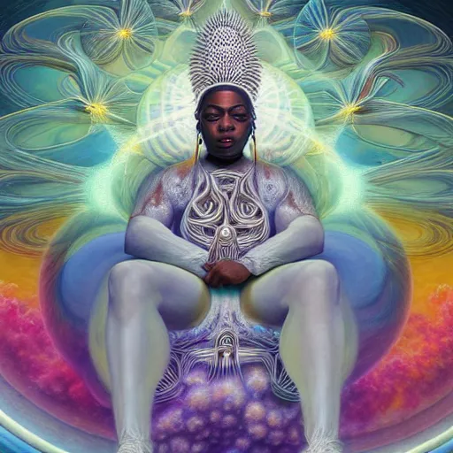 Image similar to obatala the cosmic god sitting on a throne of nebula clouds, by Adi granov and afarin sajedi and amanda sage and evgeni gordiets in a psychedelic portrait style, ultrarealistic matte painting, volumetric lighting, piercing eyes, highly detailed face, orisha, 8k, hd