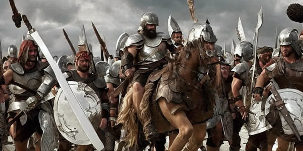 Image similar to Bernie Sanders dressed as Leonidas, with Leonidas beard, leading Spartans into battle, in screenshot from the 300 movie