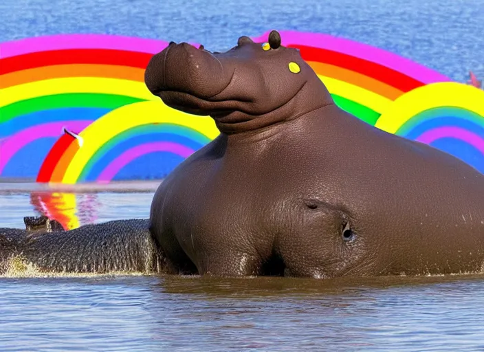 Image similar to a hippo has a propeller on its back instead of its tail and flies over a rainbow which is coming out of a crocs shoe