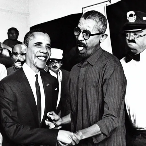 Image similar to Barack Obama having a rap battle against Ghandi, historical photo, 1962