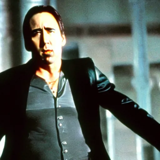 Prompt: nicholas cage as neo from matrix, dodging bullets