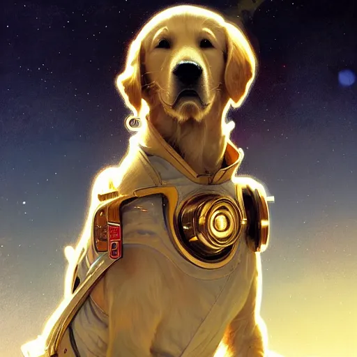 Image similar to a golden retriever in a space suit, highly detailed, digital painting, artstation, concept art, sharp focus, illustration, art by greg rutkowski and alphonse mucha