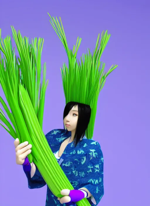 Image similar to 1992 japanese 3D render of a blue haired girl holding a leek. simple background