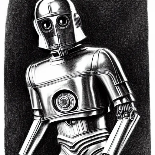 Image similar to full body black and white pencil sketch of muscular C3PO