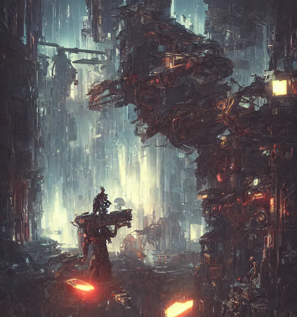 Image similar to cyberpunk gladiator, cinematic, highly detailed, octane render, cg, rich cinematic atmosphere, perfect digital art, mystical journey in strange world, Mystical, cyberpunk, tech war, sci-fi, surreal, glowing lights, sharp focus, high detailed, by Akihiko Yoshida, michael whelan and Karol Bak