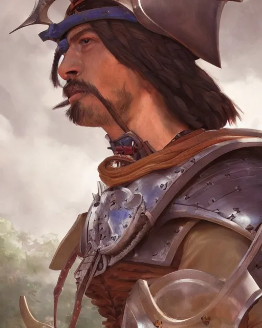 Image similar to ultrarealistic portrait of a spanish conquistador in battle, symmetrical, by daniel zrom and mingchen shen, studio ghibli color scheme, detailed, handsome, anatomy, sharp focus, photography, magic : the gathering, octane, cinematic lighting, facial features, jungle, clear face