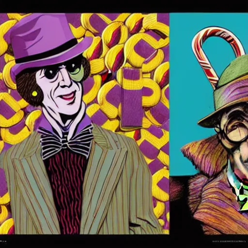 Prompt: graphic illustration, creative design, willy wonka as harry potter, biopunk, francis bacon, highly detailed, hunter s thompson, concept art