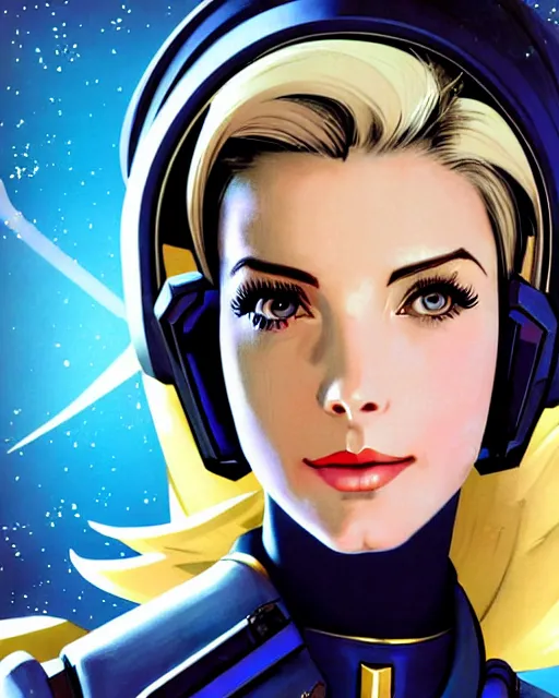 Image similar to mercy from overwatch, ashley greene's face combined with grace kelly's face, in space, character portrait, portrait, close up, concept art, intricate details, highly detailed, vintage sci - fi poster, retro future, vintage sci - fi art, vintage, in the style of chris foss, rodger dean, moebius, michael whelan, and gustave dore