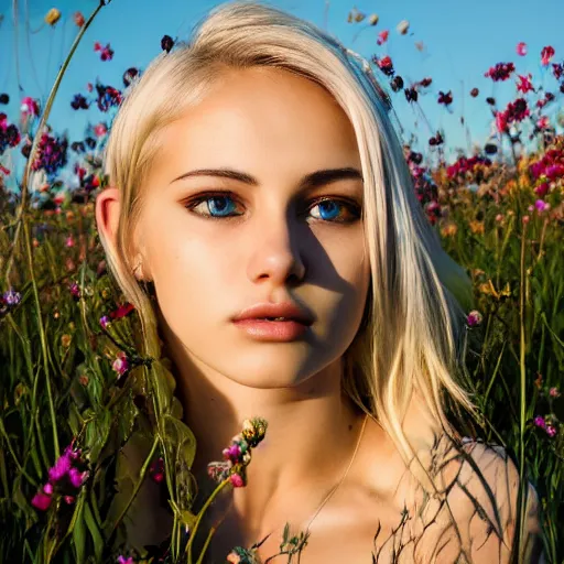 Image similar to photo of very attractive very beautiful very slim blonde girl ,face close-up,20years old,spotless skin,in a flowery field,very high detail,sharp, 35mm art lense, award winning, magazine cover, golden hour