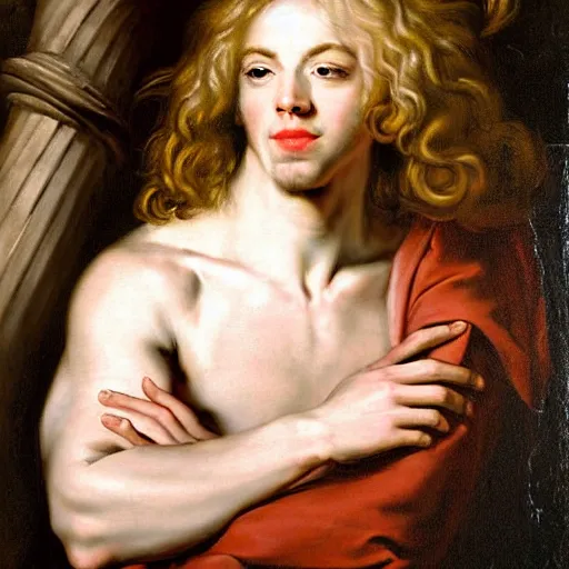 Image similar to beautiful portrait painting of the androgynous prince Lucius with long curly blond hair, very very very pale white skin, delicate young man wearing a wispy pink silk dress smiling sleepily at the viewer, symmetrically parted curtain bangs, in love by Peter Paul Rubens and Seb Mckinnon