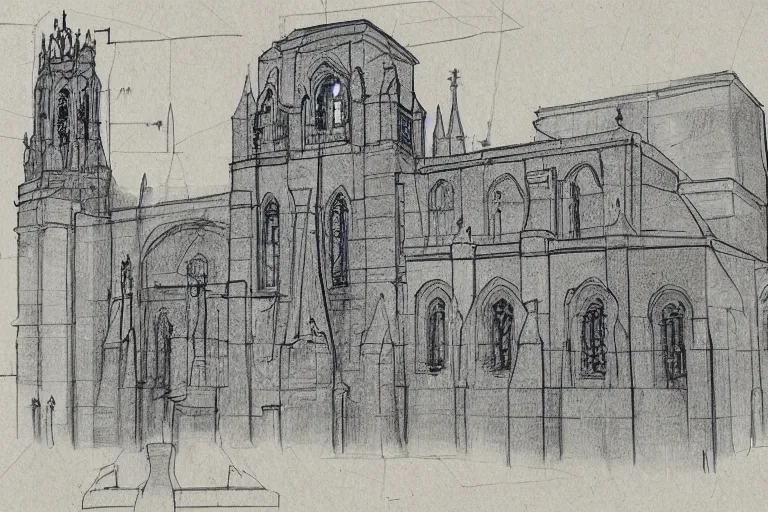 Image similar to Catedral de Maringá, sketchbook with annotation, blue print, ultra detailed