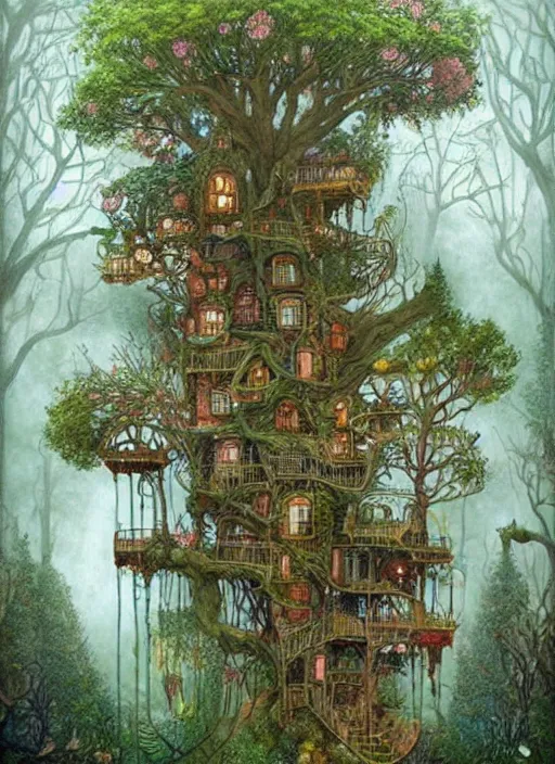 Prompt: huge whimsical fantasy treehouse, lush forest, secret garden by Daniel Merriam