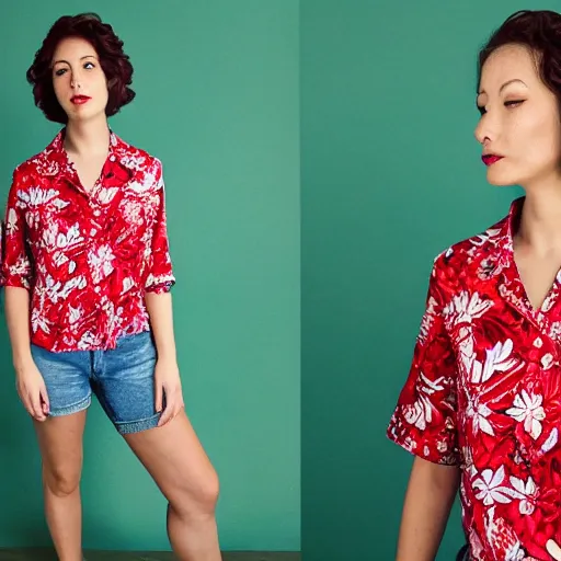 Prompt: red aloha shirt, with dark flowers, photograph, modelling, worn by a woman