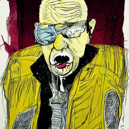 Prompt: Graphic Illustration, Creative Design, Banana man, Techwear, Cyberpunk, Full Body Portrait, Character Design, by Ralph Steadman, Francis Bacon, Hunter S Thompson