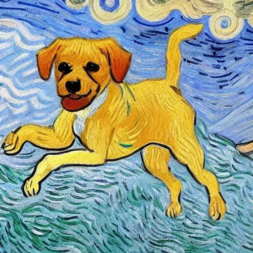 Prompt: a painting of a puppy walking on the mediterranean sea shouting help by van gogh