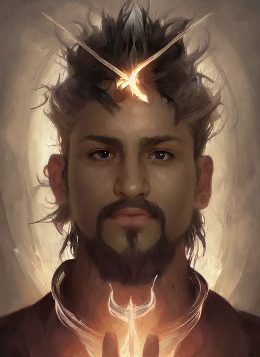 Image similar to character concept portrait of a handsome young corrupted hispanic wizard with olive skin casting an evil spell, a floating iridescent spell book in the center, intricate, elegant, digital painting, concept art, smooth, sharp focus, illustration, from Metal Gear, by Ruan Jia and Mandy Jurgens and William-Adolphe Bouguereau, Artgerm