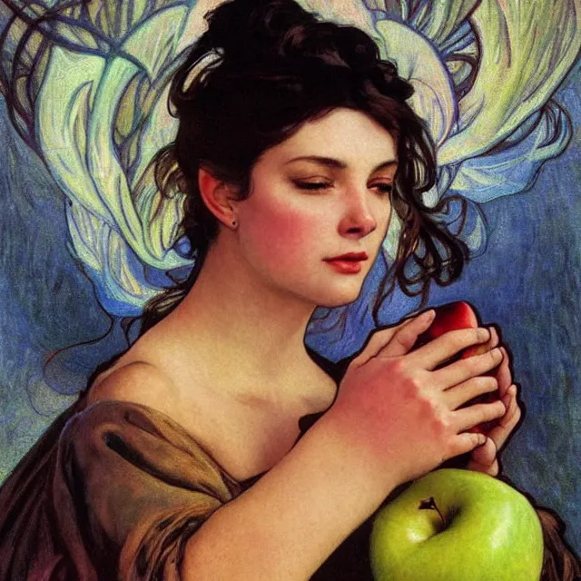 Image similar to an aesthetic! detailed close - up portrait of an aesthetic woman crying mournfully while holding an apple in a gloved hand, by frank frazetta and alphonse mucha, oil on canvas, bright colors, art nouveau, epic composition, dungeons and dragons fantasy art, hd, god - rays, ray - tracing, crisp contour - lines, huhd - 8 k