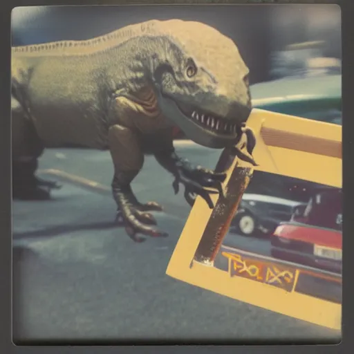 Image similar to polaroid photo of t - rex 🦖 stealing packages