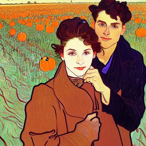 Image similar to painting of handsome young delicate beautiful jeffrey in his 2 0 s with brown hair and gorgeous rina together at the pumpkin patch in october, elegant, clear, painting, stylized, art, art by alphonse mucha, vincent van gogh, egon schiele