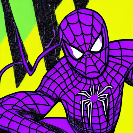 Image similar to black and purple spiderman drawn in comic book art style by steve ditko, 4 k digital art