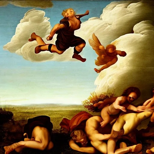 Prompt: running and falling on clouds, 4k, post-processing, detailed, Renaissance painting