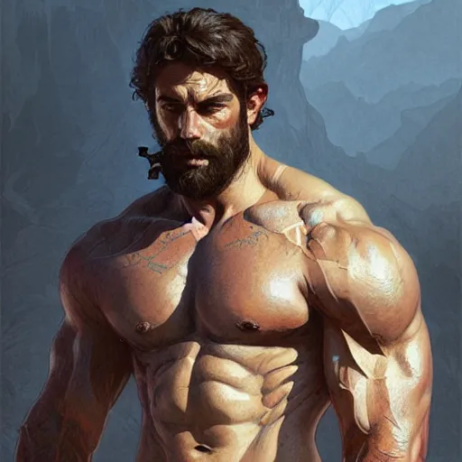 Image similar to portrait of a rugged ranger, muscular, upper body, hairy torso, D&D, fantasy, intricate, elegant, highly detailed, digital painting, artstation, concept art, matte, sharp focus, illustration, art by Artgerm and Greg Rutkowski and Alphonse Mucha