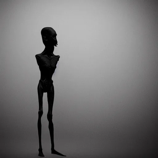 Image similar to standing photorealistic detailed tall skinny humanoid creature, extremly detailed, black and white, 8 k, realistic, sharp focus, cosmic horror creature, cosmic horror