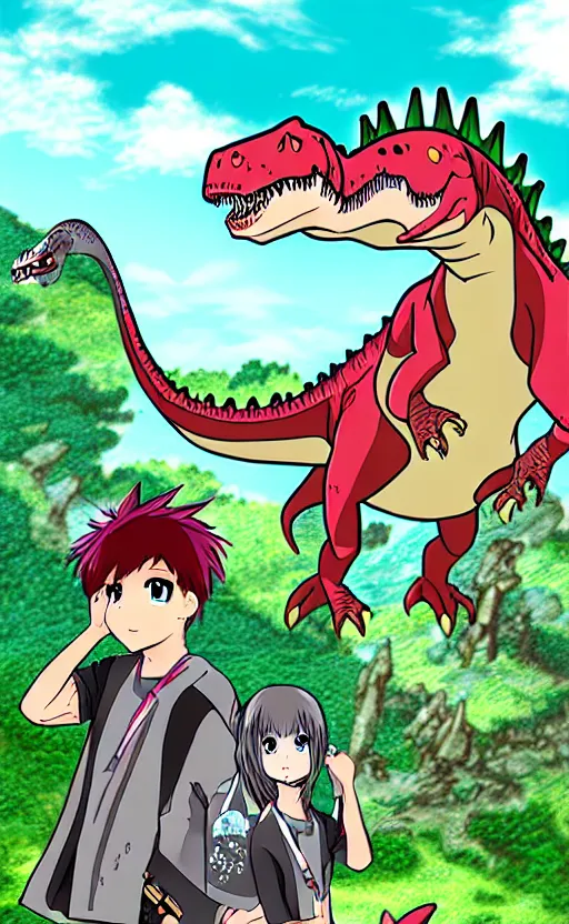 Prompt: dinosaur fantasy world anime style