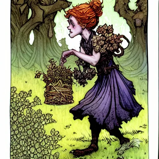 Image similar to A cute little frankestein collecting flowers in the forest. Absurdly-detailed fantasy character illustration by Rebecca Guay and Wayne Reynolds