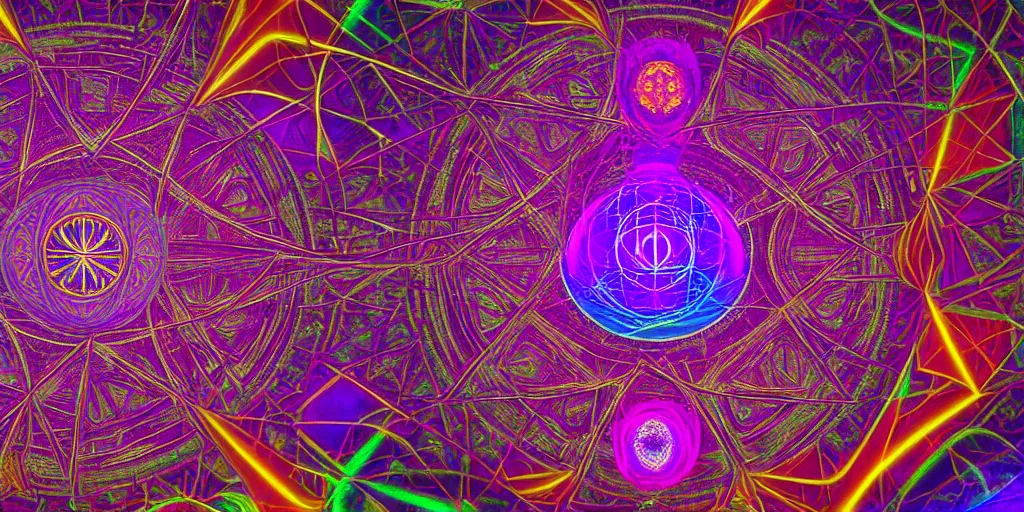 Image similar to dmt spirits, sacred non - euclidean geometric buildings housing dmt time elves, psychedelic architecture, soul frequency, 8 k resolution, highly detailed,