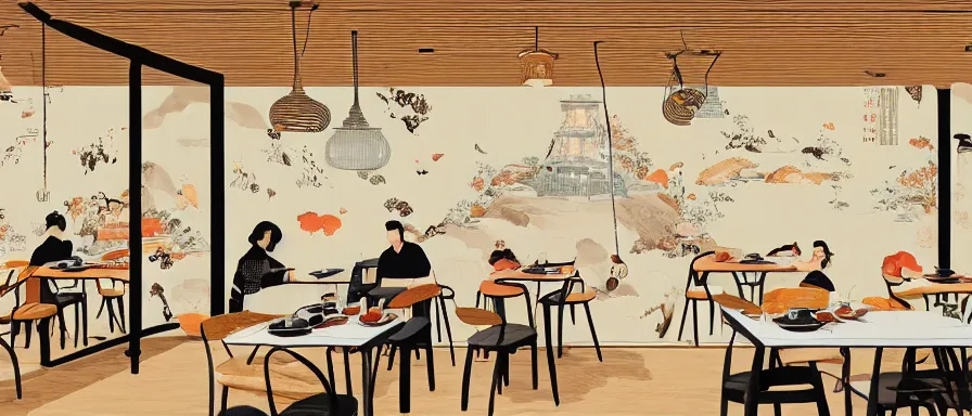 Image similar to a beautiful interior view illustration of a small roasted string hotpot restaurant in yan'an city, restaurant wall paper is a tower on a mountain, rectangle white porcelain table, people are eating, black chair, animation illustrative style, from china, simple style structure decoration design, victo ngai, james jean, 4 k hd