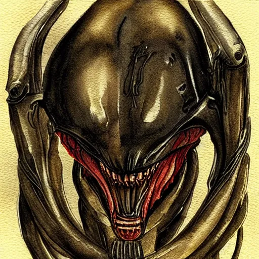 Image similar to “watercolor of xenomorph in the style of HR Giger”