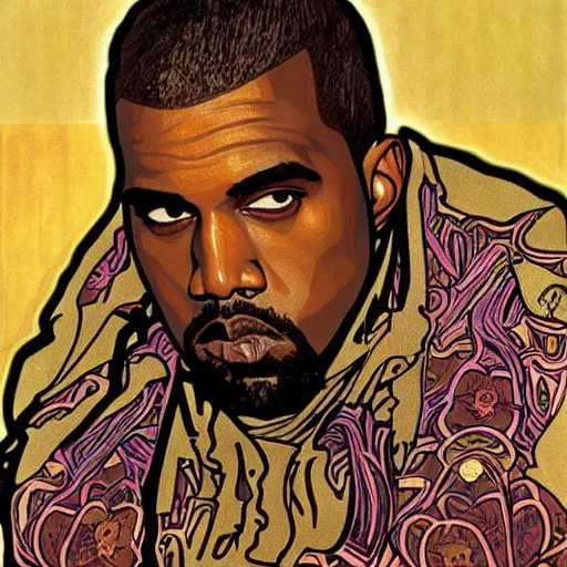 Image similar to surprised Kanye West, painting by Alphonse Mucha